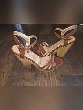 G by Guess Brown Strappy Cork-Style Wedge Sandals